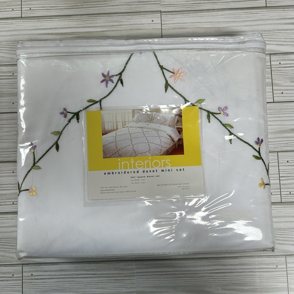 NEW VTG Interiors Full Queen Floral Embroidered Duvet Cover Pillow Shams Cottage